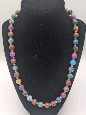 Vtg Beaded Necklace Semi Precious Stone Beads Glass Spacers Multicolor 21"